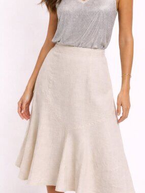 Larry Levine Cream Linen A-Line Midi Skirt Flowy Panel Size 8